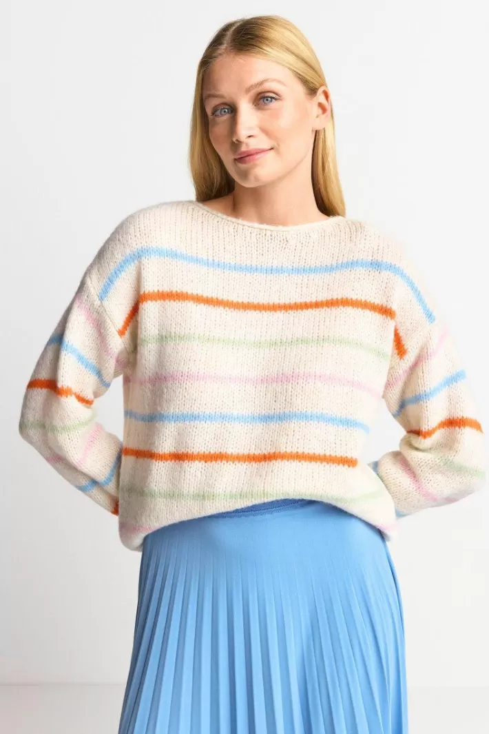 Damen Rich & Royal Gestreifter Pullover In Perlweiß